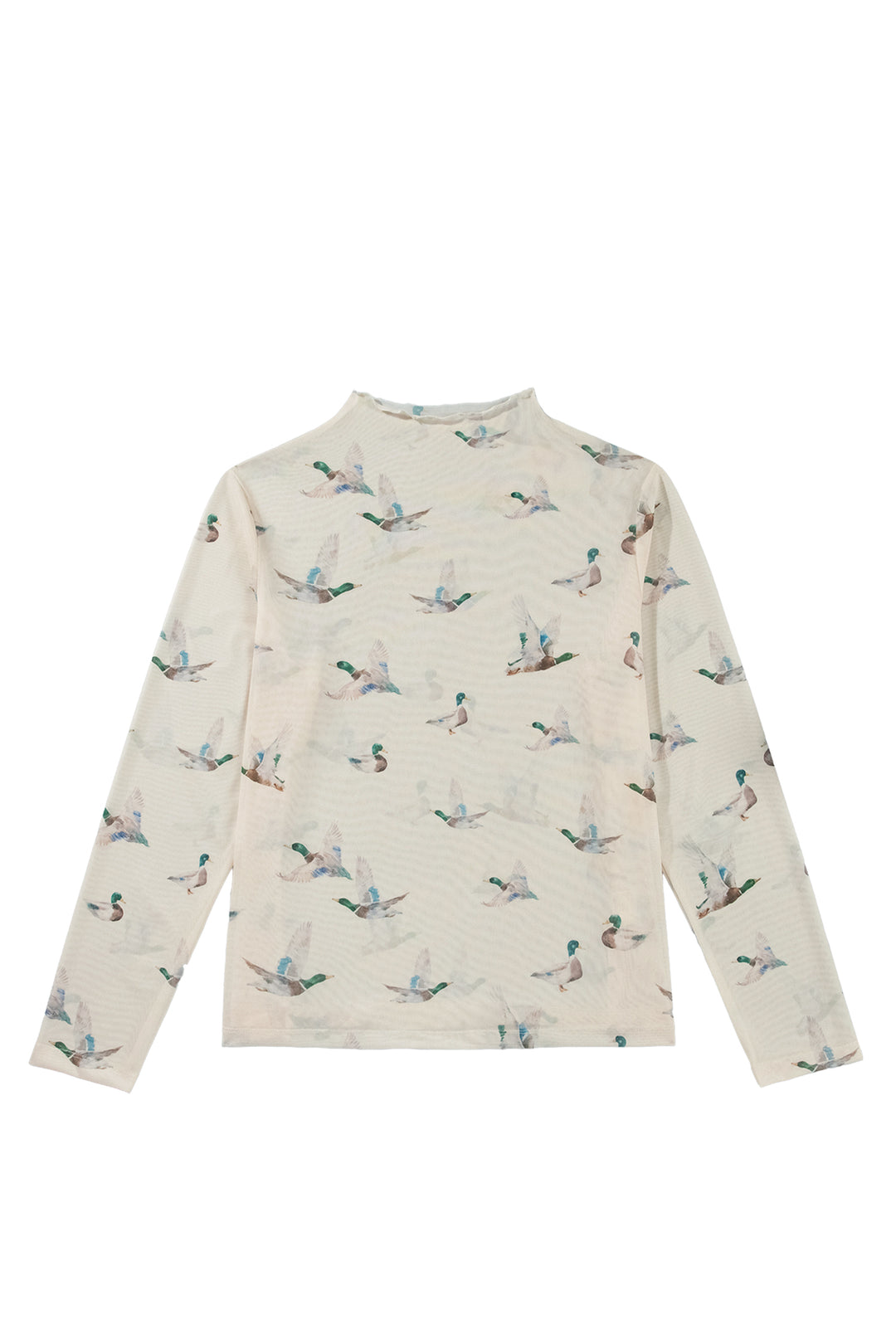 Beige Mesh Duck Print Tunic Long Sleeve Plus Size Blouse