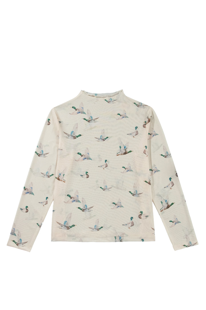Beige Mesh Duck Print Tunic Long Sleeve Plus Size Blouse