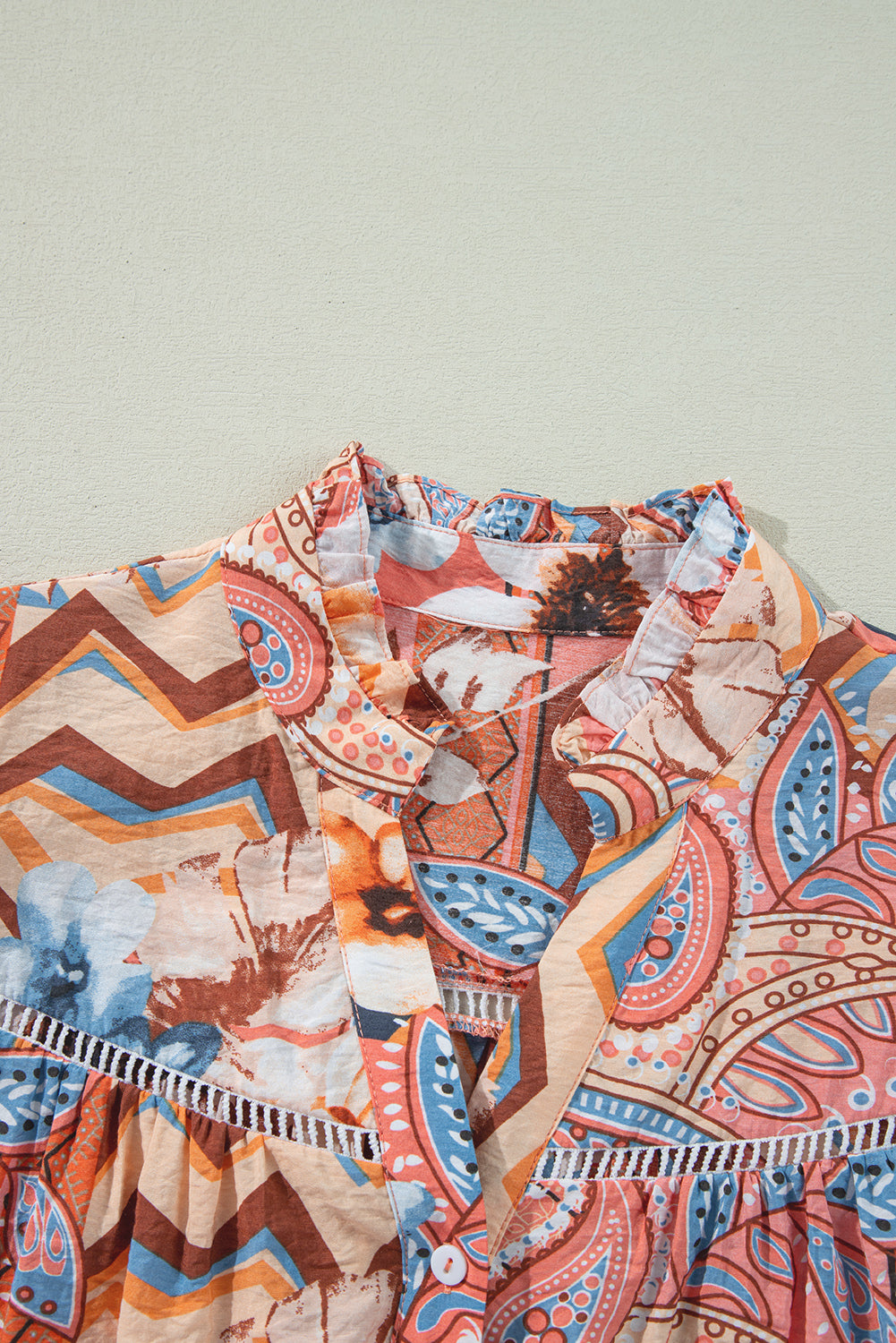 Orange Floral Print Shirred Cuff Buttoned Loose Shirt