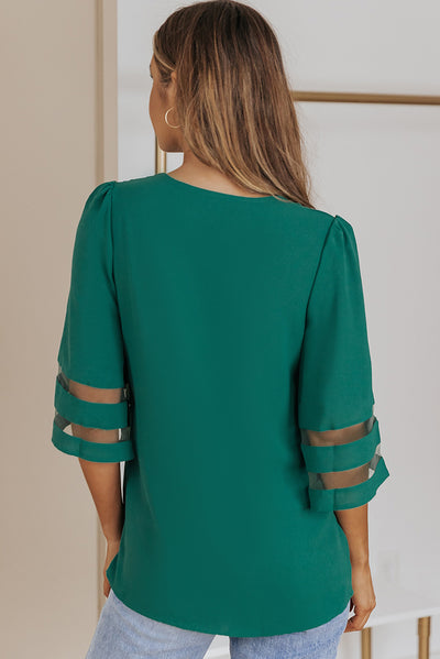 Green Flare Sleeve V Neck Loose Blouse