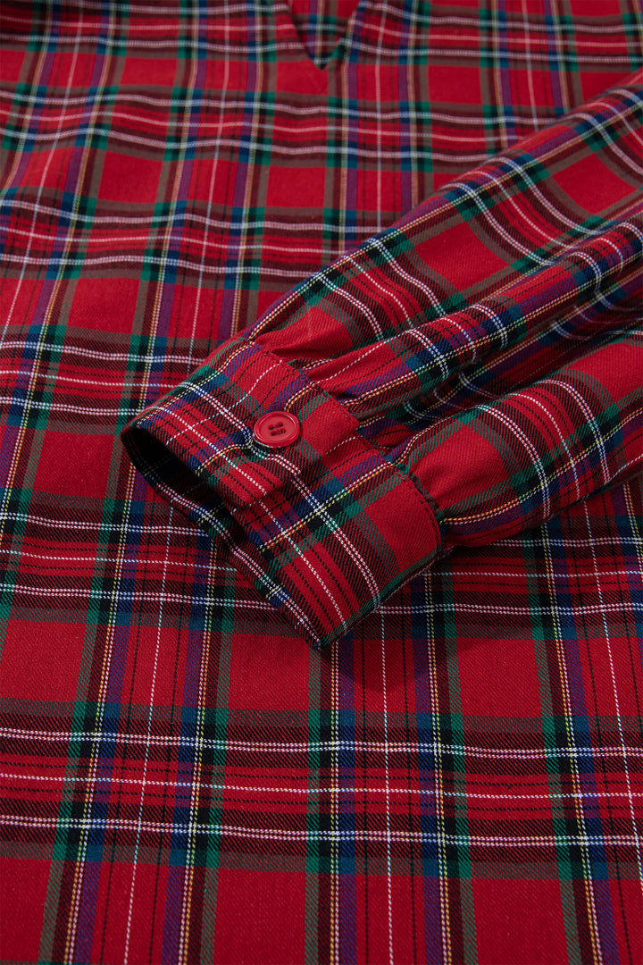 Red Plaid Long Sleeve Mini Shift Silhouette Decoration Dress