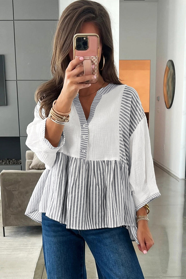 Gray Stripe Half Button Gauze Patchwork Bracelet Sleeve Babydoll Blouse