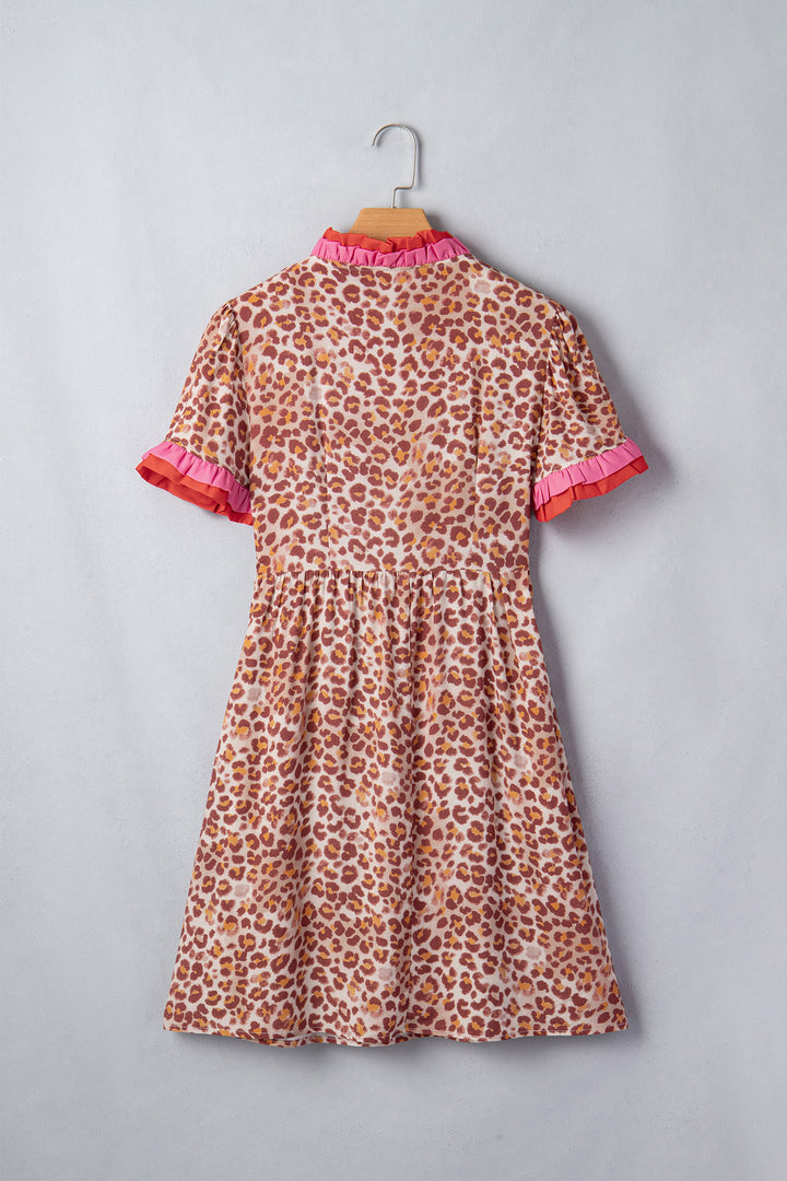 Khaki Leopard High Waist Ruffled Colorblock Trim Short Dress