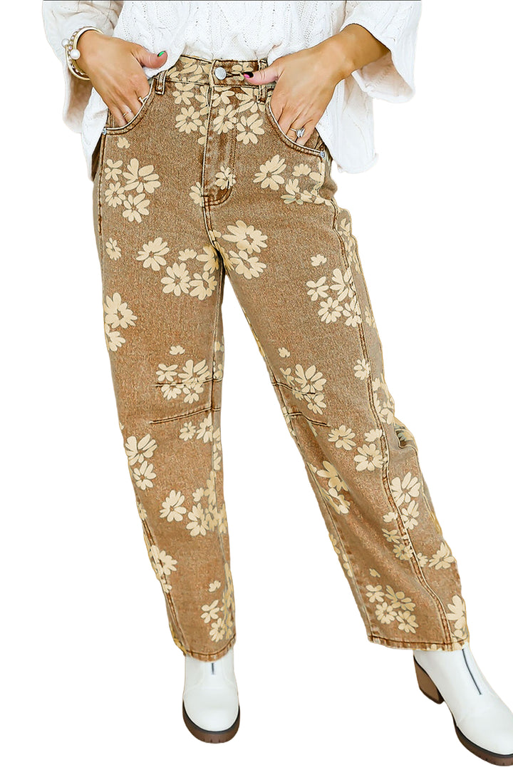 Khaki Floral Print Metal Button Pleated Straight Leg Jeans