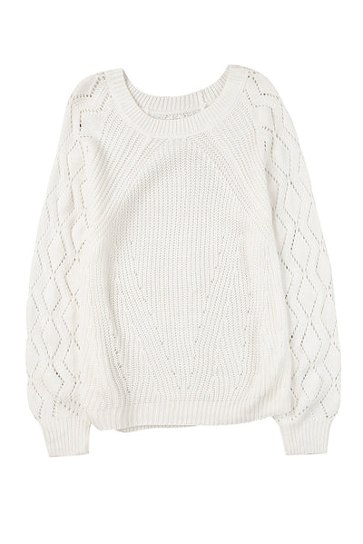 White Hollow-out Puffy Sleeve Knit Sweater