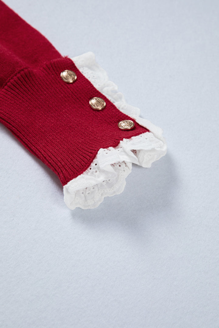 Racing Red Lace Trim Patchwork Buttoned Cuffs Loose Sweater