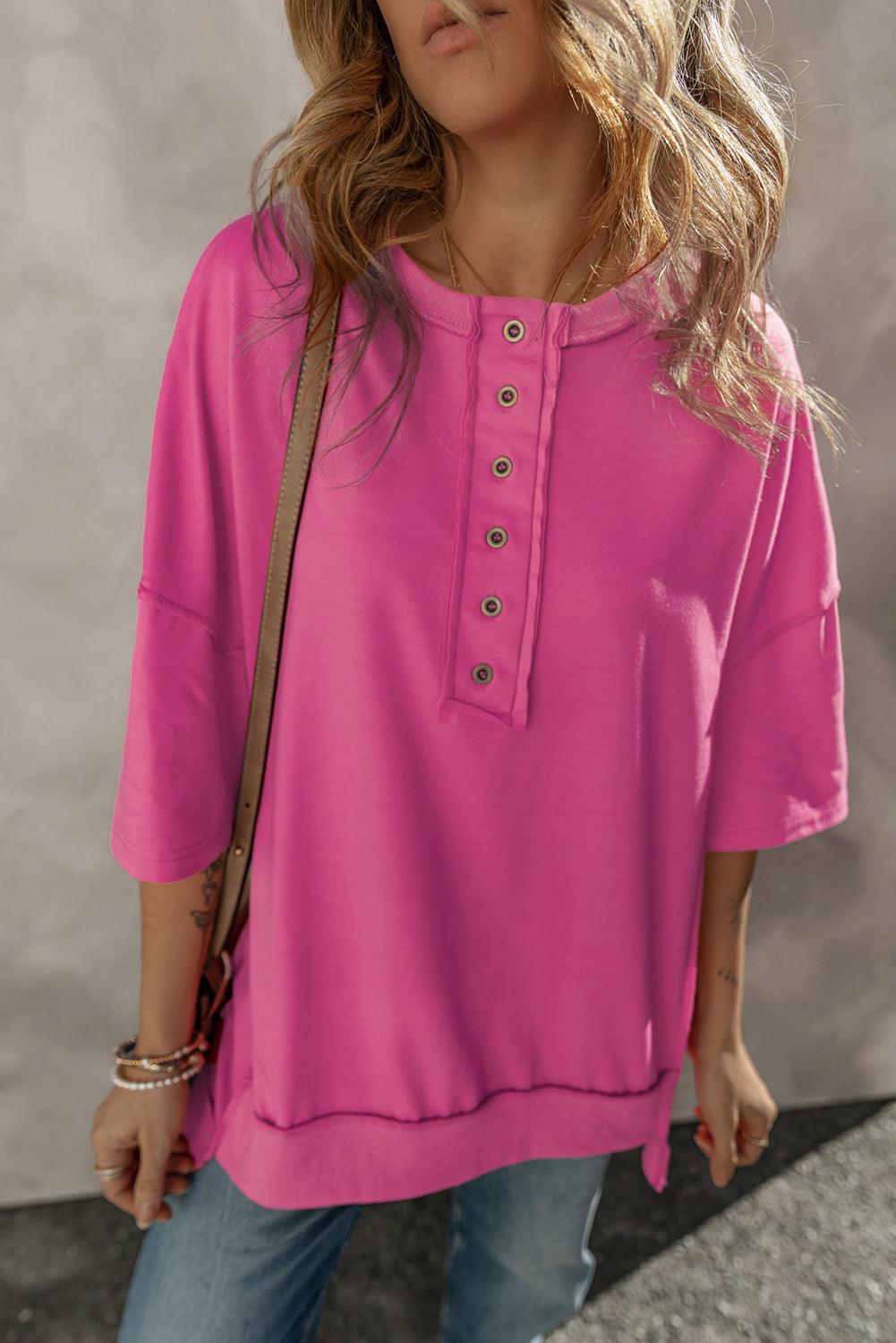 Rose Red Exposed Seam Button Neck Wide Sleeve Tunic Top