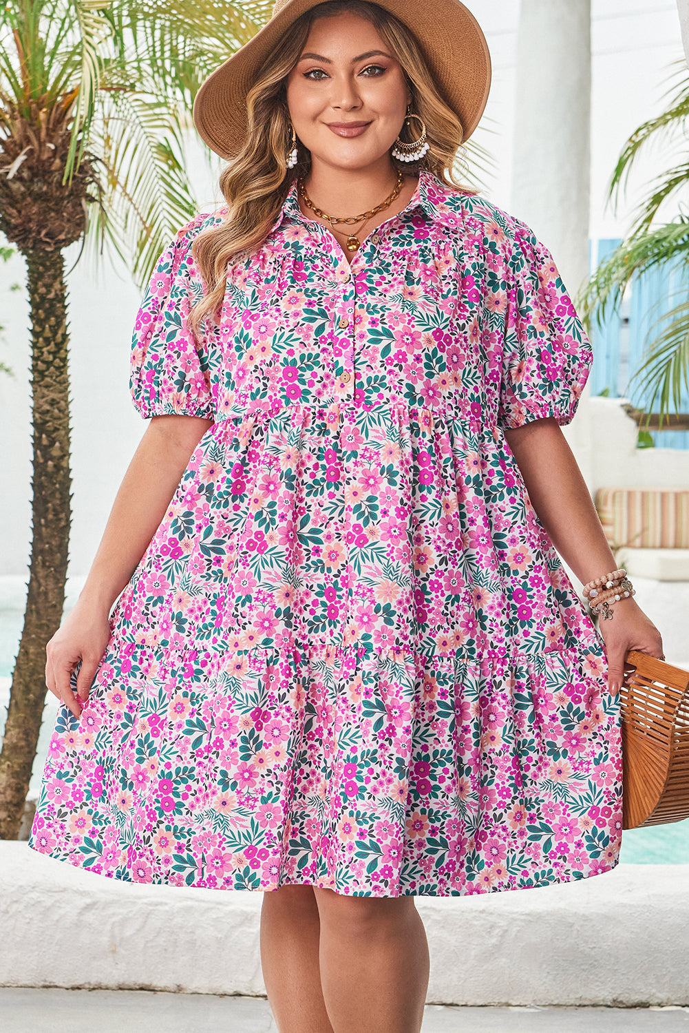 Mariana Plus Size Floral Puff Sleeve A-line Dress