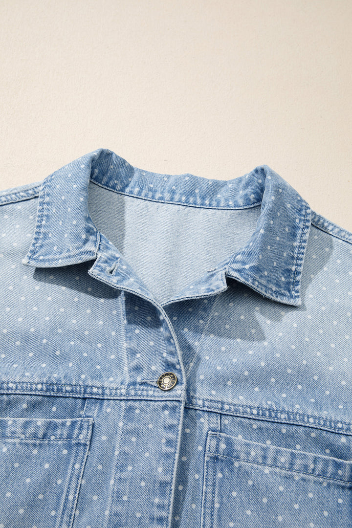 Sky Blue Polka Dot Long Sleeve Collar Pocket Casual Shift Silhouette Denim Jacket