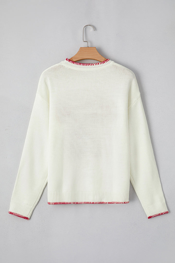 White Bow Pattern Contrast Trim Christmas Loose Graphic Sweater