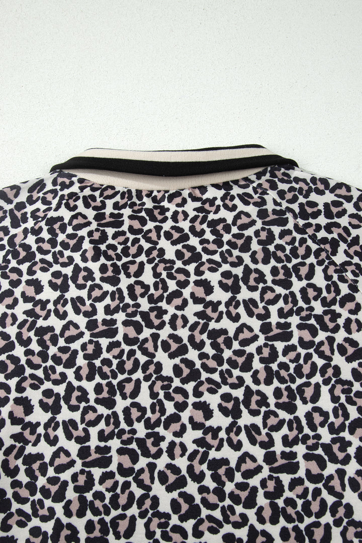 Brown Plus Size Leopard Print Striped Webbing Patchwork Half Zip Blouse