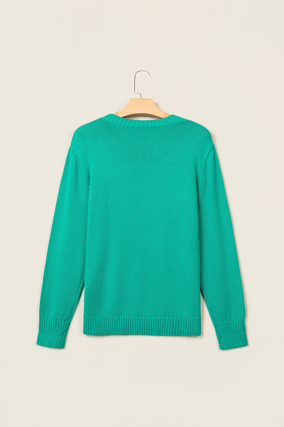 Bright Green Merry Print Ribbed Trim Round Neck Loose Fit Sweater