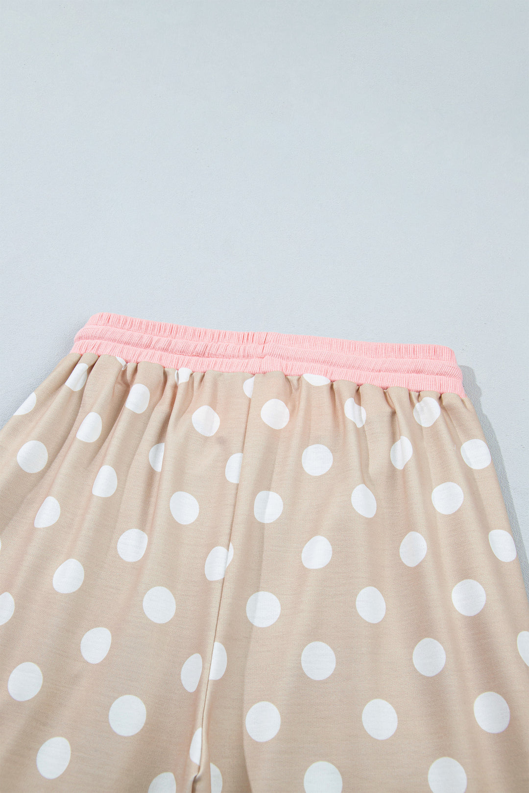 Khaki Polka Dot Contrast Trim Long Sleeve Top Drawstring Shift Pants Set