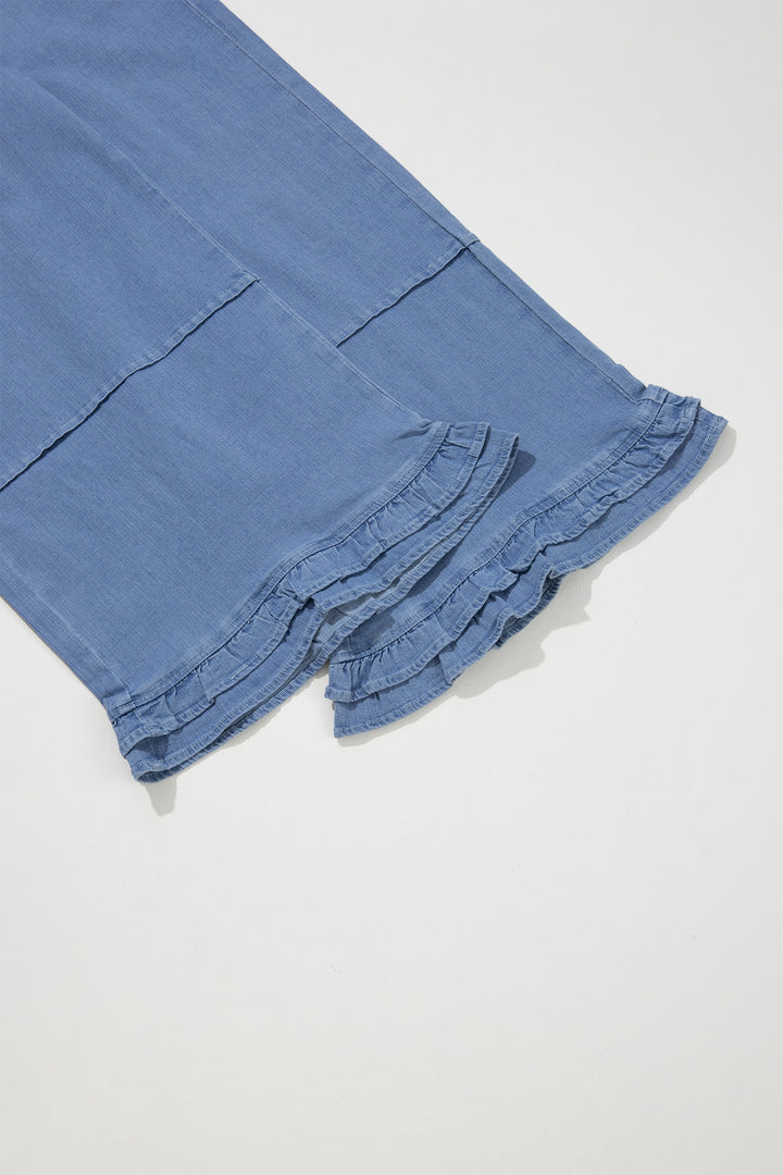 Light Blue Ruffle Hem Wide Leg Full Length Plus Size Jeans