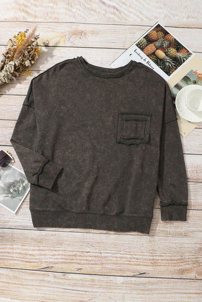 Gray Acid Wash Drop Shoulder Long Sleeve Sweatshirt with Pockets