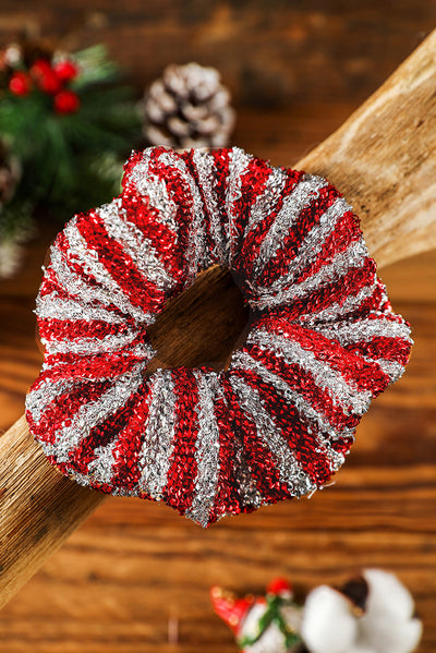 Fiery Red Glitter 2-tone Stripes Christmas Hair Tie