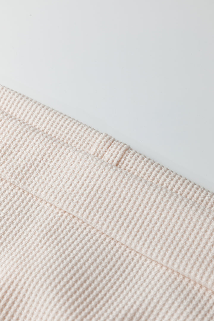 Beige Solid Color Waffle Knit Asymmetric Neck Long Sleeve Top