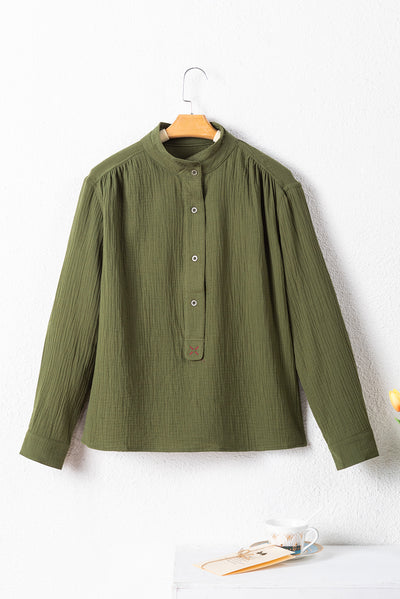 Jungle Green Crinkle Textured Button Up Long Sleeve Shirt