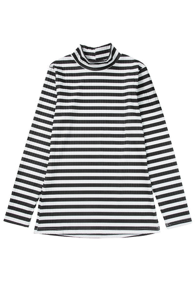 Black Striped Print Textured Knit Long Sleeve Tee