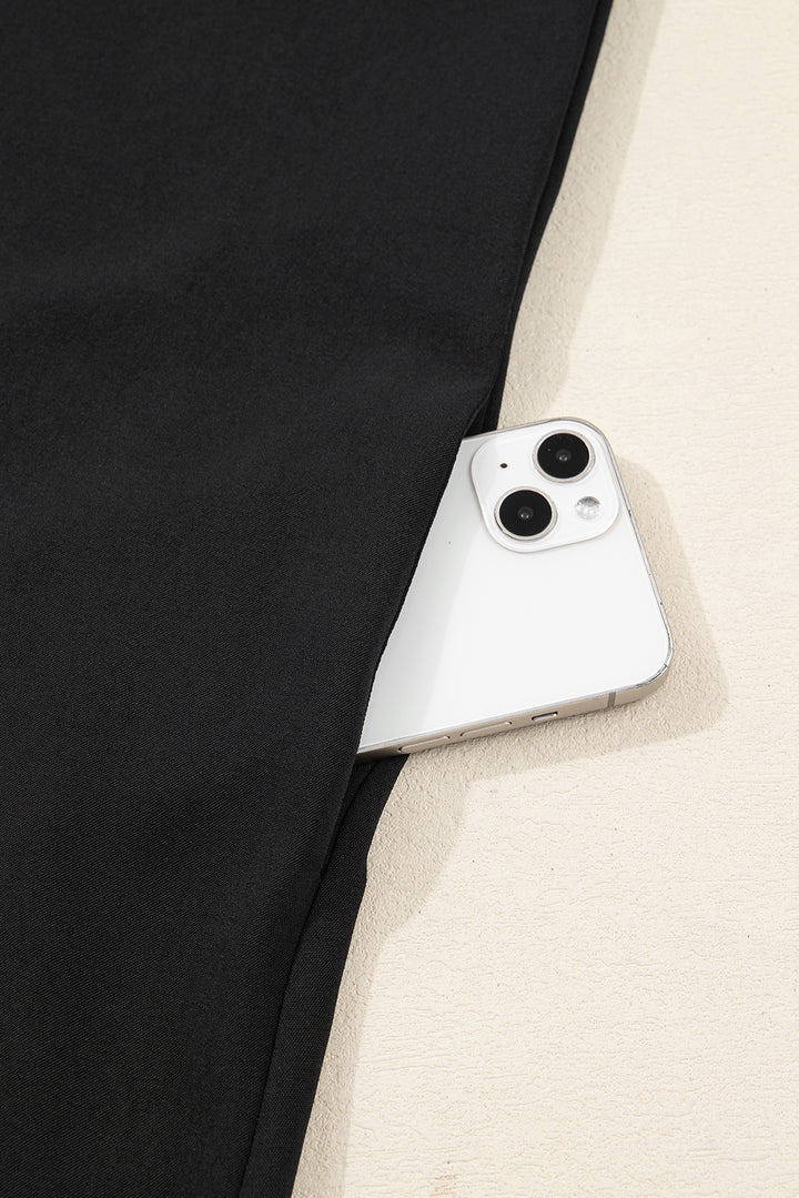 Black Plus Size Notched Neck Leopard Trim Flounce Long Sleeve Shift Dress