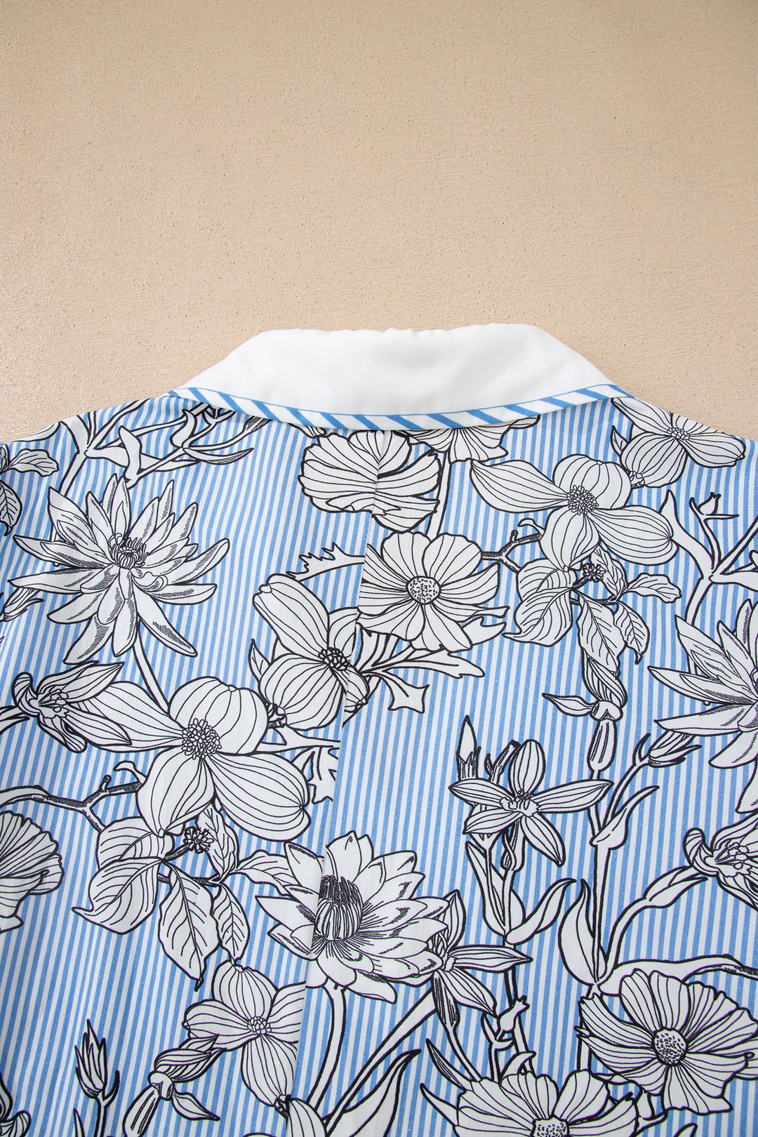 Sky Blue Floral Striped Printed Polo Collar Short Sleeve Blouse