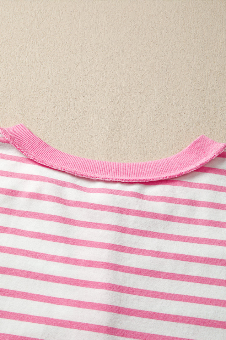 Pink Stripe Half Placket High Low Short Sleeve Top