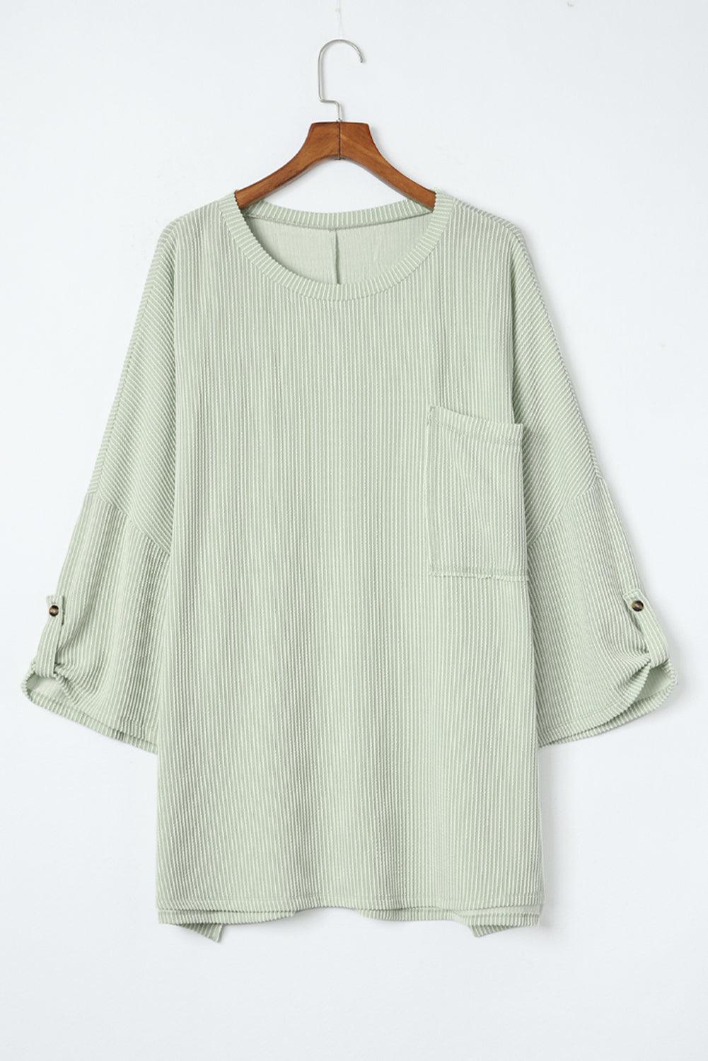 Green Ribbed Roll-tab Sleeve Chest Pocket Oversize Top