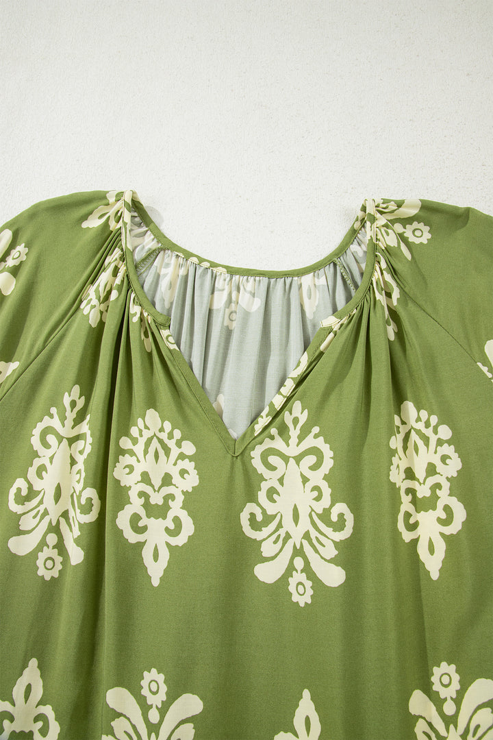 Green Boho Chic Notched V Neck Plus Floral Short Sleeve Top