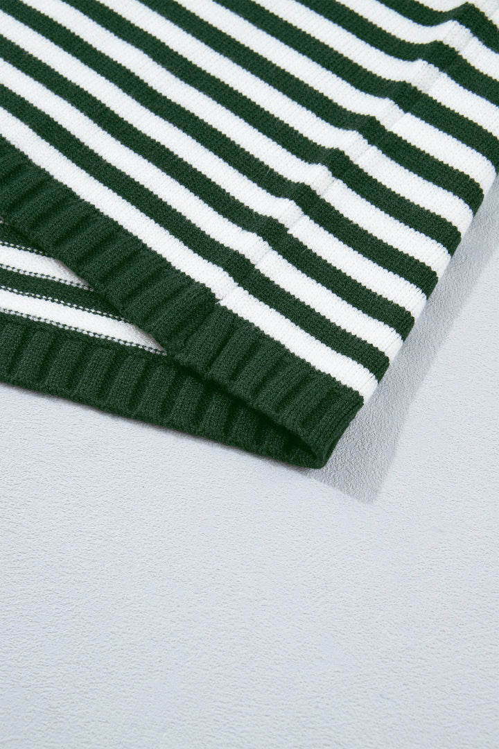 Green Stripe Striped Button Placket Drop Shoulder Long Sleeve Sweater