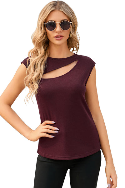 Fiery Red Slash Cutout Cap Sleeve T Shirt