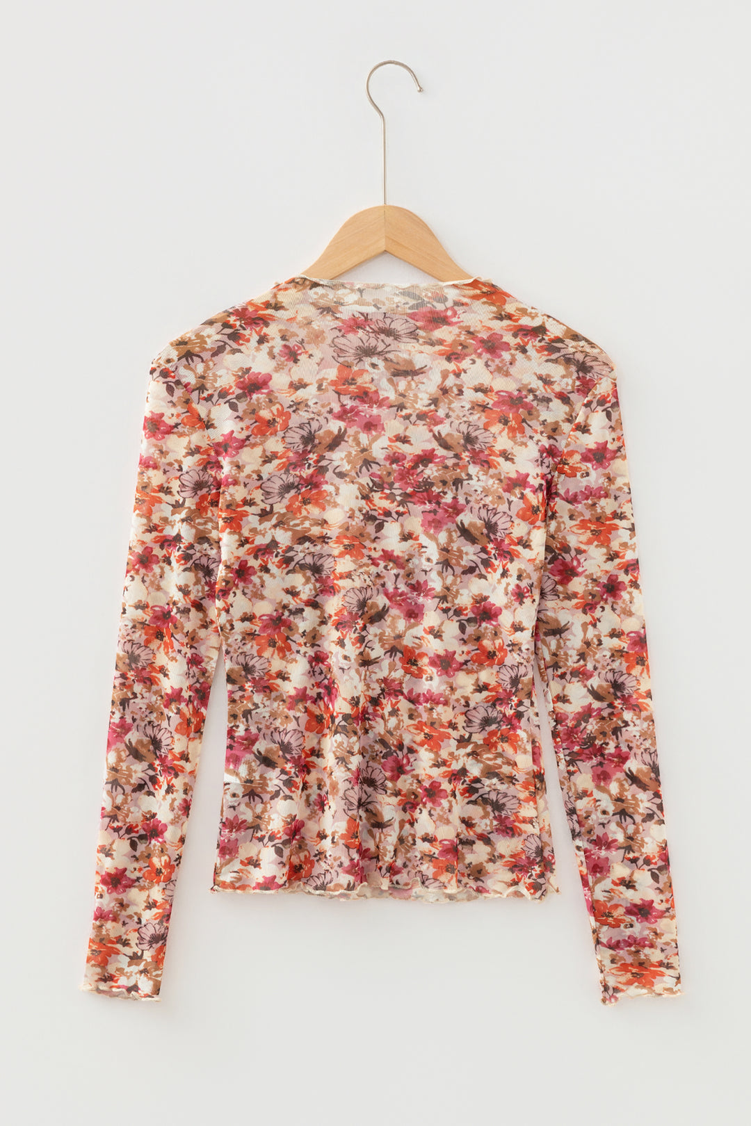 Red Lettuce Trim Floral Print Mesh Long Sleeve Top