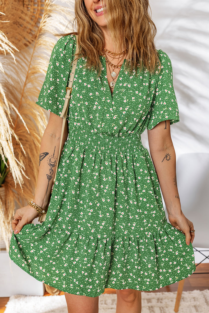 Black Floral Print Wrap V Neck Short Sleeve High Waistband Mini Dress