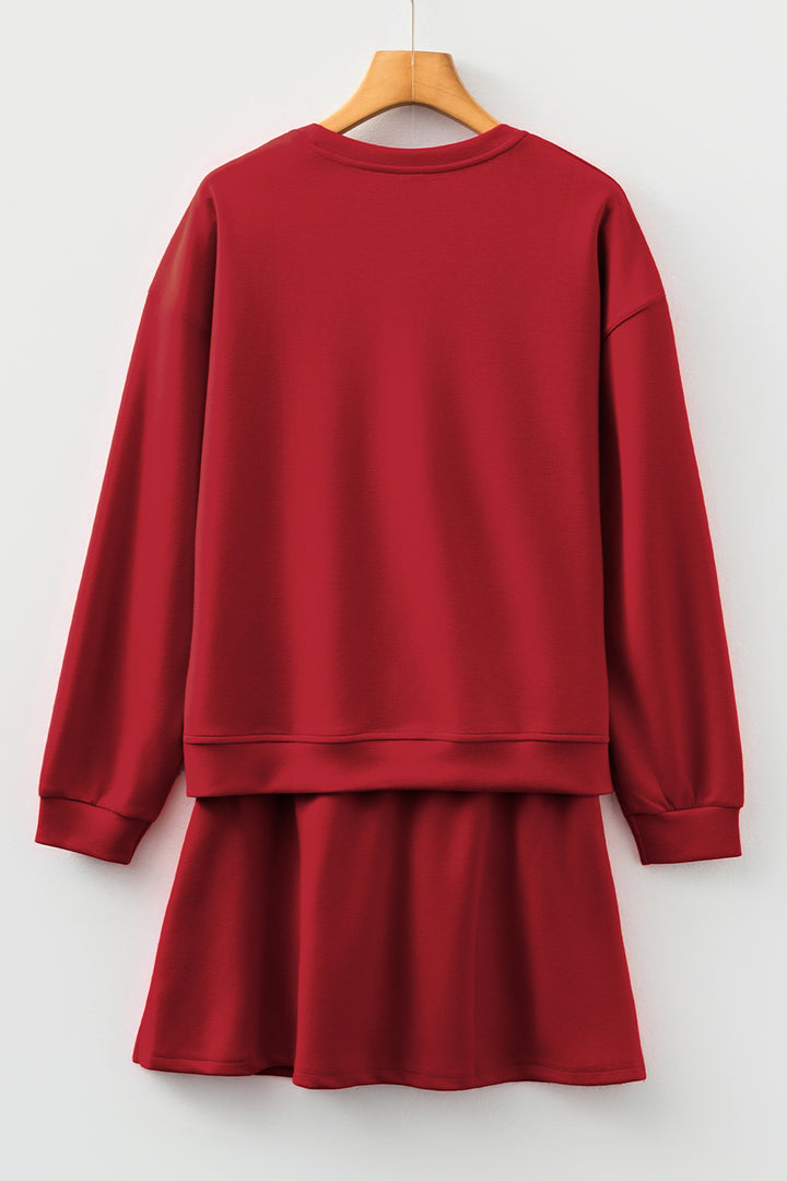 Jet Stream Solid Color Drop Shoulder Pullover Drawstring Mini Skirt 2pcs Outfit