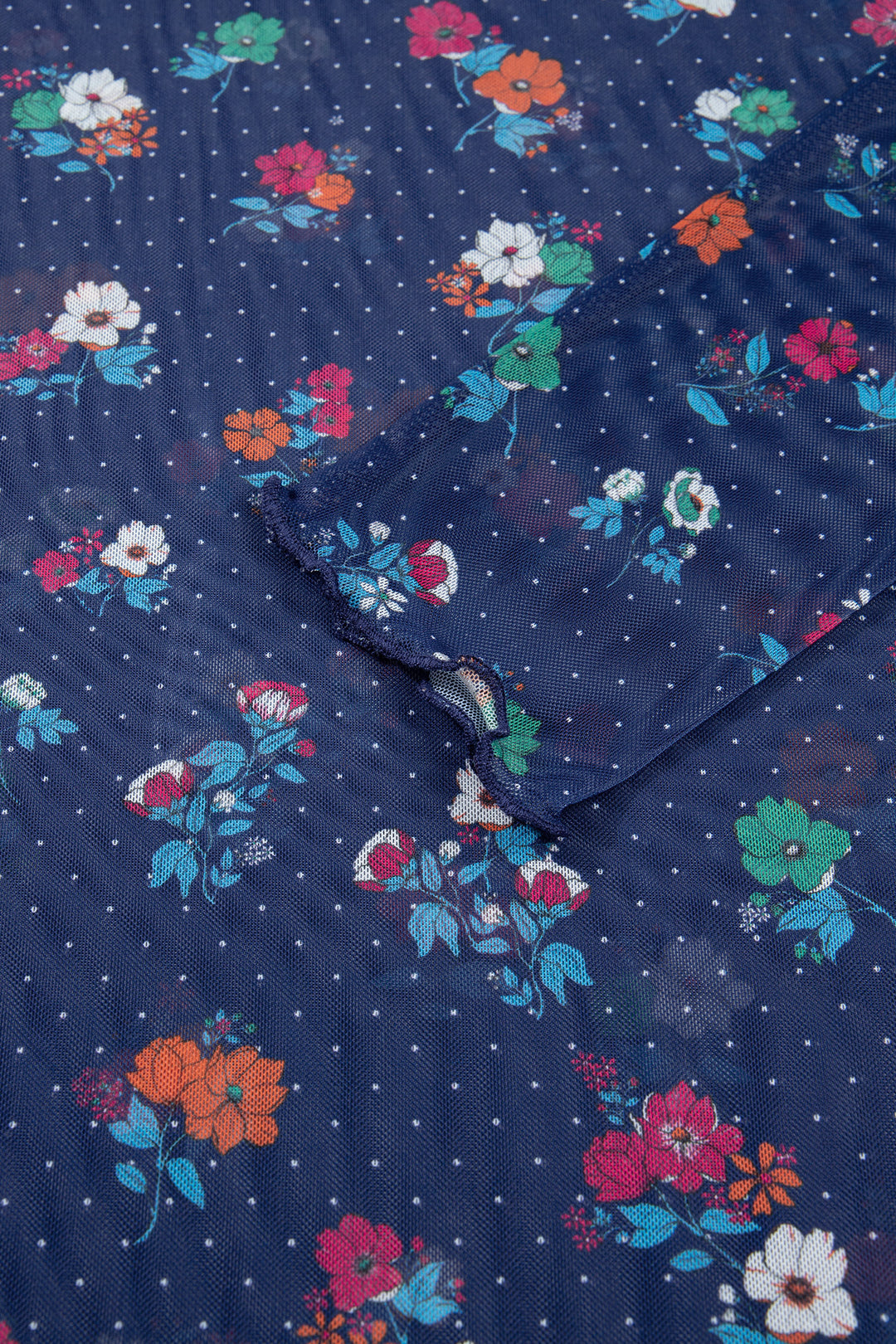 Blue Polka Dot Floral Mesh Long Sleeve High Neck Pullover Sheath Top