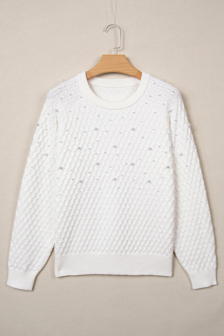 White Solid Textured Knit Pearl Embellished Pullover Sweater
