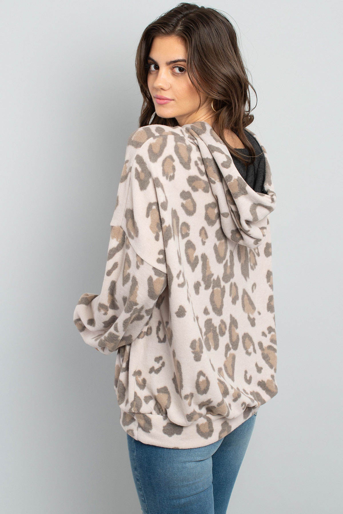 Leopard Brushed Hacci Puff Sleeved Hoodie With Drawstrings