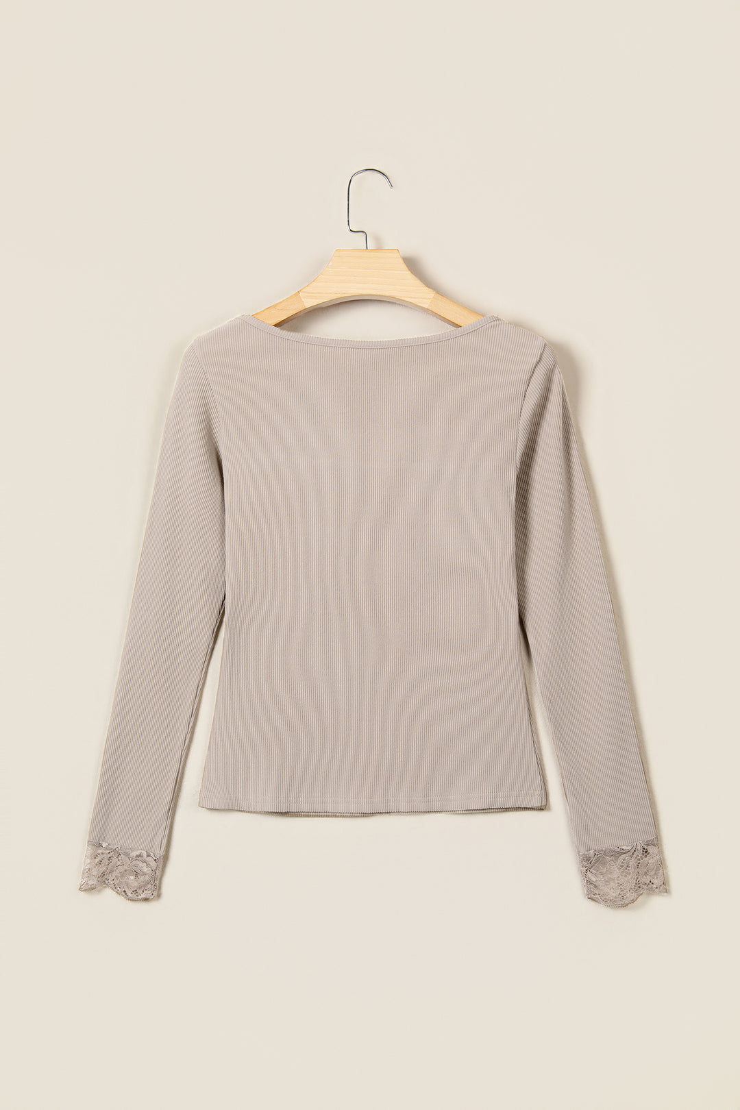 DUNE Solid Color Ribbed Lace Neck Long Sleeve Top