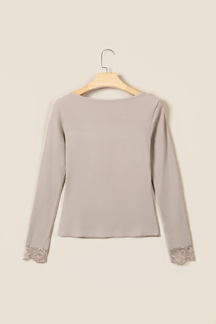DUNE Solid Color Ribbed Lace Neck Long Sleeve Top