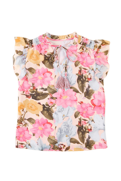 Pink Floral Print Tassel Tie Short Sleeve Blouse