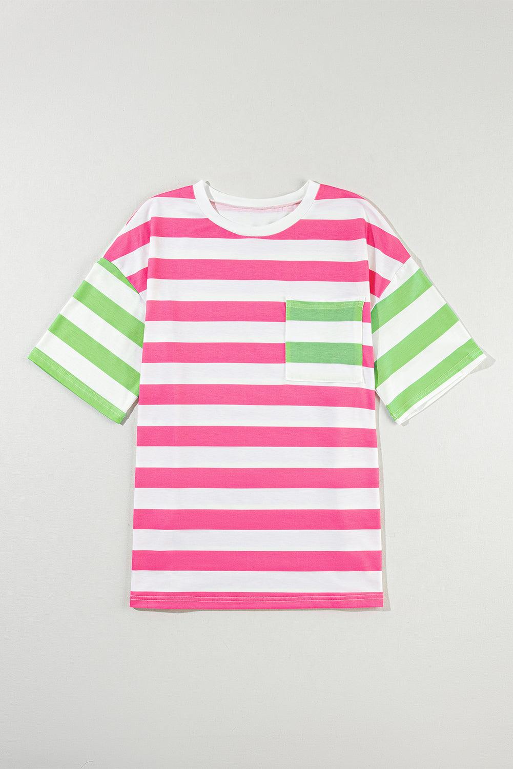 Pink Stripe Contrast Patch Pocket Drop Sleeve T Shirt