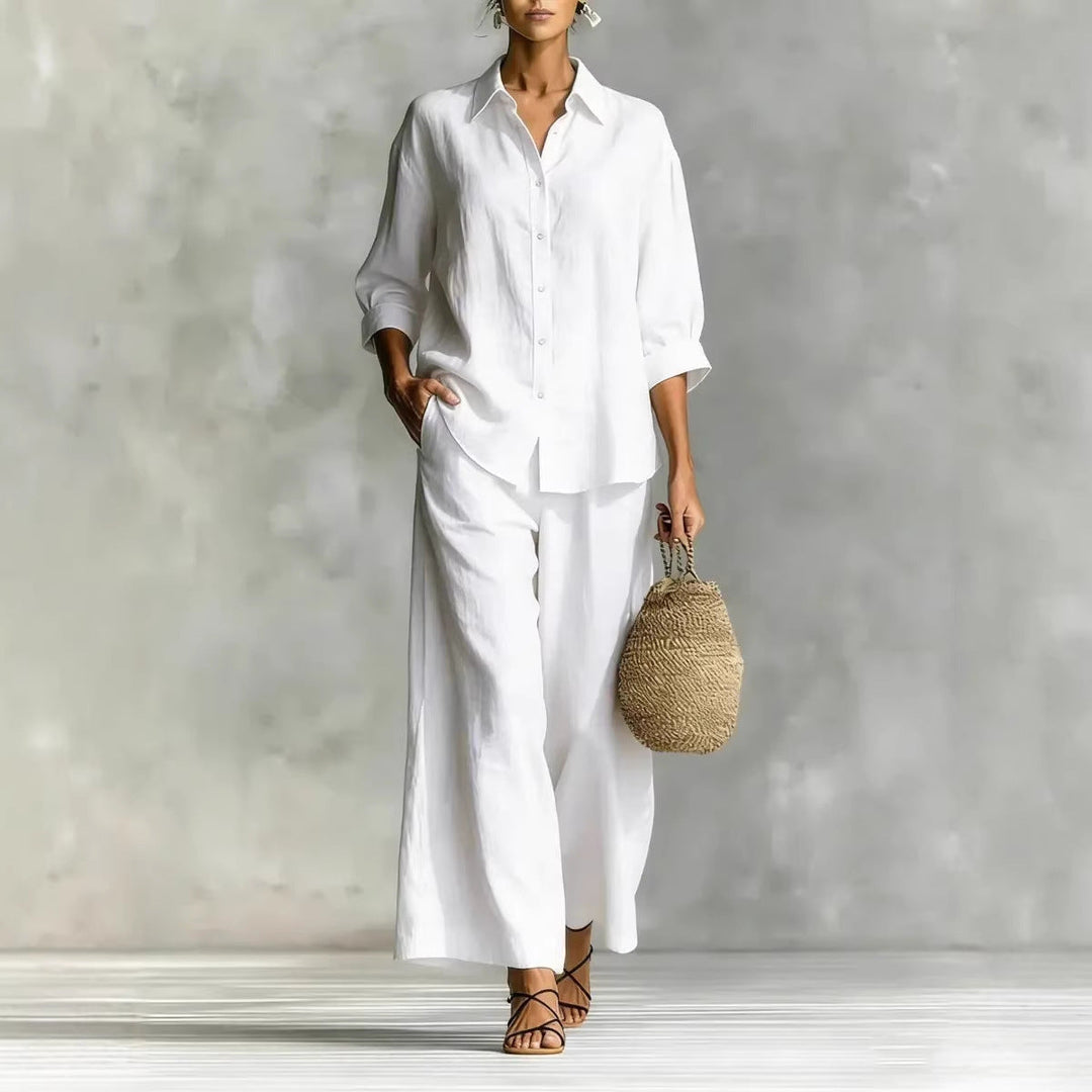 Cotton-Linen Shirt &amp; Wide-Leg Pants Suit – 6 Colors, S–5XL