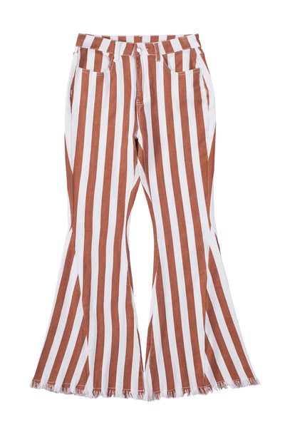 Brown Striped Fringe Bell Bottom Denim Pants