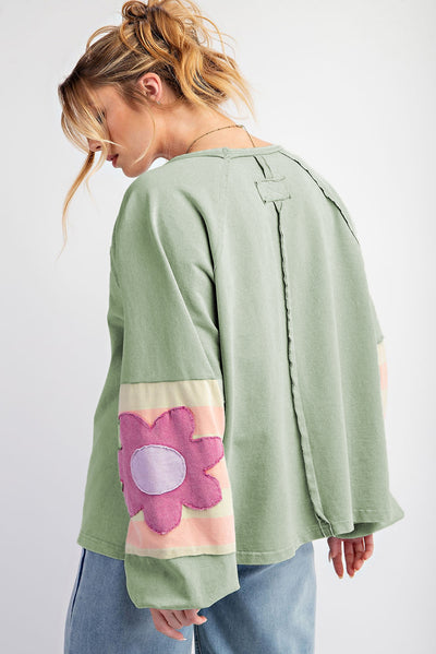 Smoke Green Flower Patchwork Raglan Sleeve Exposed Seam Oversized Top