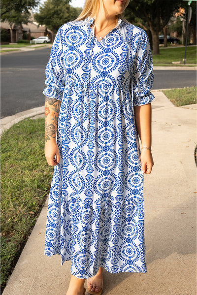 Sky Blue Geometric Print Lace-up Notch Neck Plus Size Maxi Dress