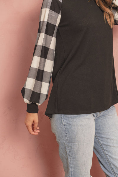 Plaid Puff Sleeved Round Neck Top