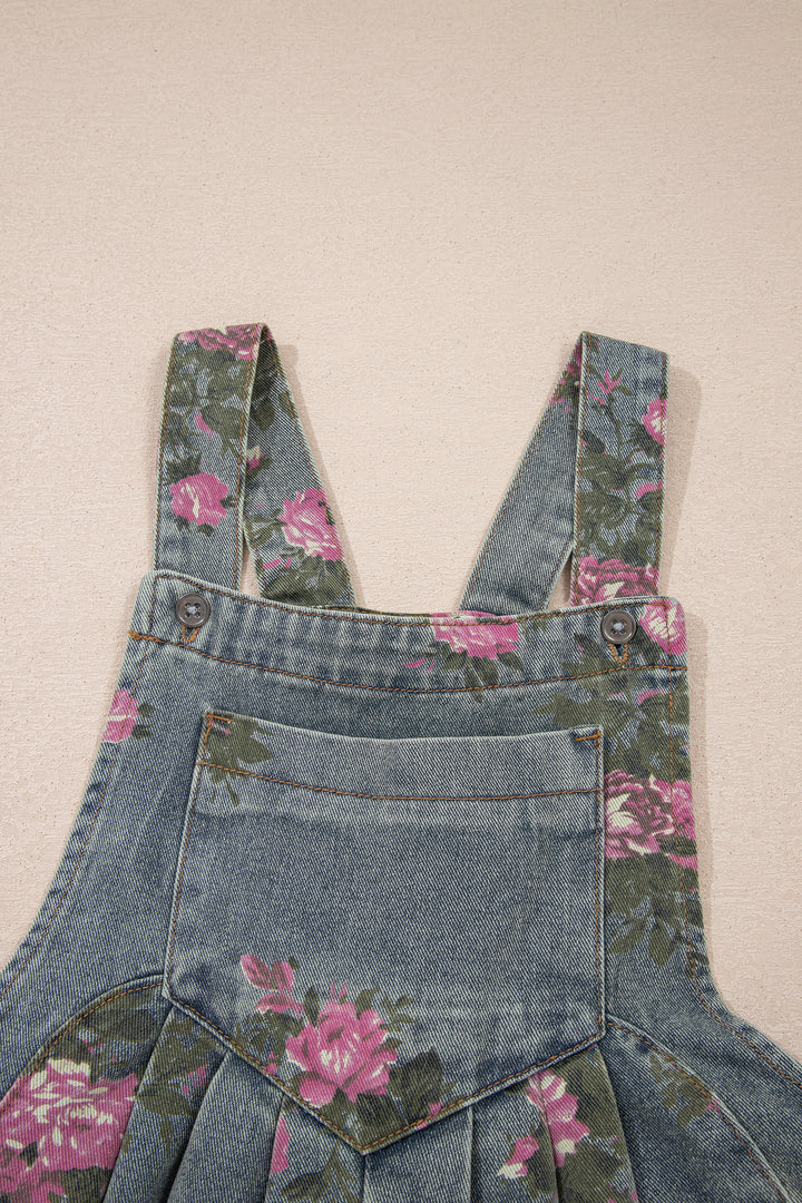 Blue Beau Floral Print Pleated High Waist Wide Leg Denim Jumpsuit