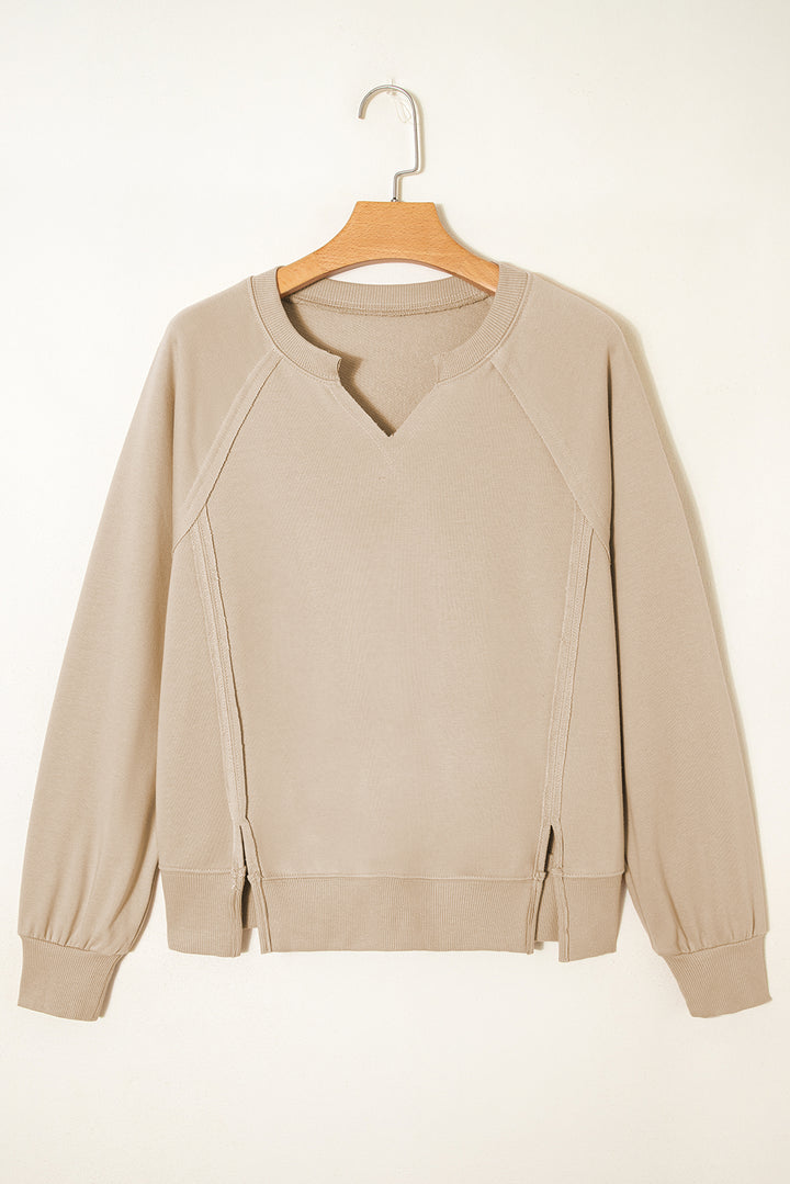 Parchment Raw Edge Exposed Seam Raglan Sleeve Side Slit Sweatshirt