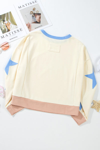 Beige Star Patchwork Exposed Seam Oversized Sweatshirt