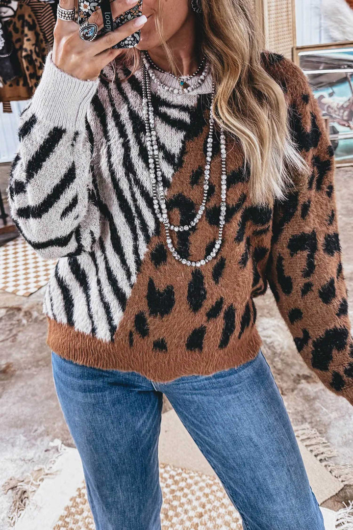 Coffee Western Leopard Zebra Print Long Sleeve Round Neck Sweater