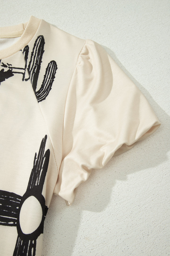 Beige Retro Western Print T Shirt